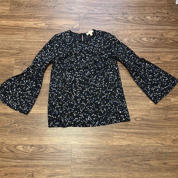 NWOT Michael Kors Shooting Star Bell Sleeve Tunic Top Black Silver and Blue Sm - Picture 8 of 16